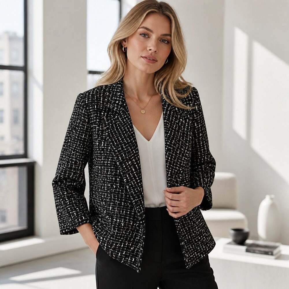 Talbots Collection Black White Tweed Open Front Jacket Blazer Size 16